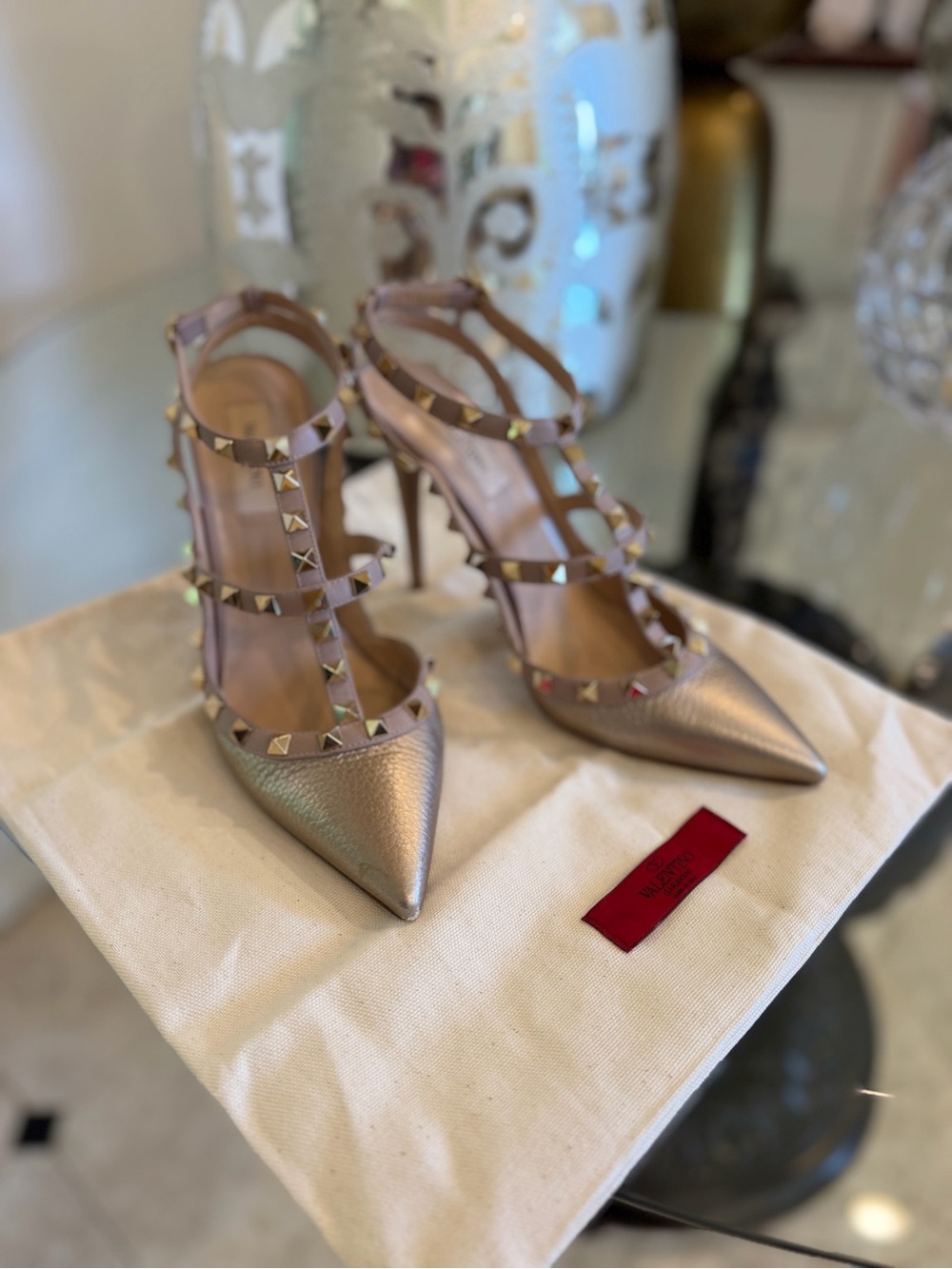 Valentino Rockstud Pointed-Tip T-Strap Heels - Rose Gold